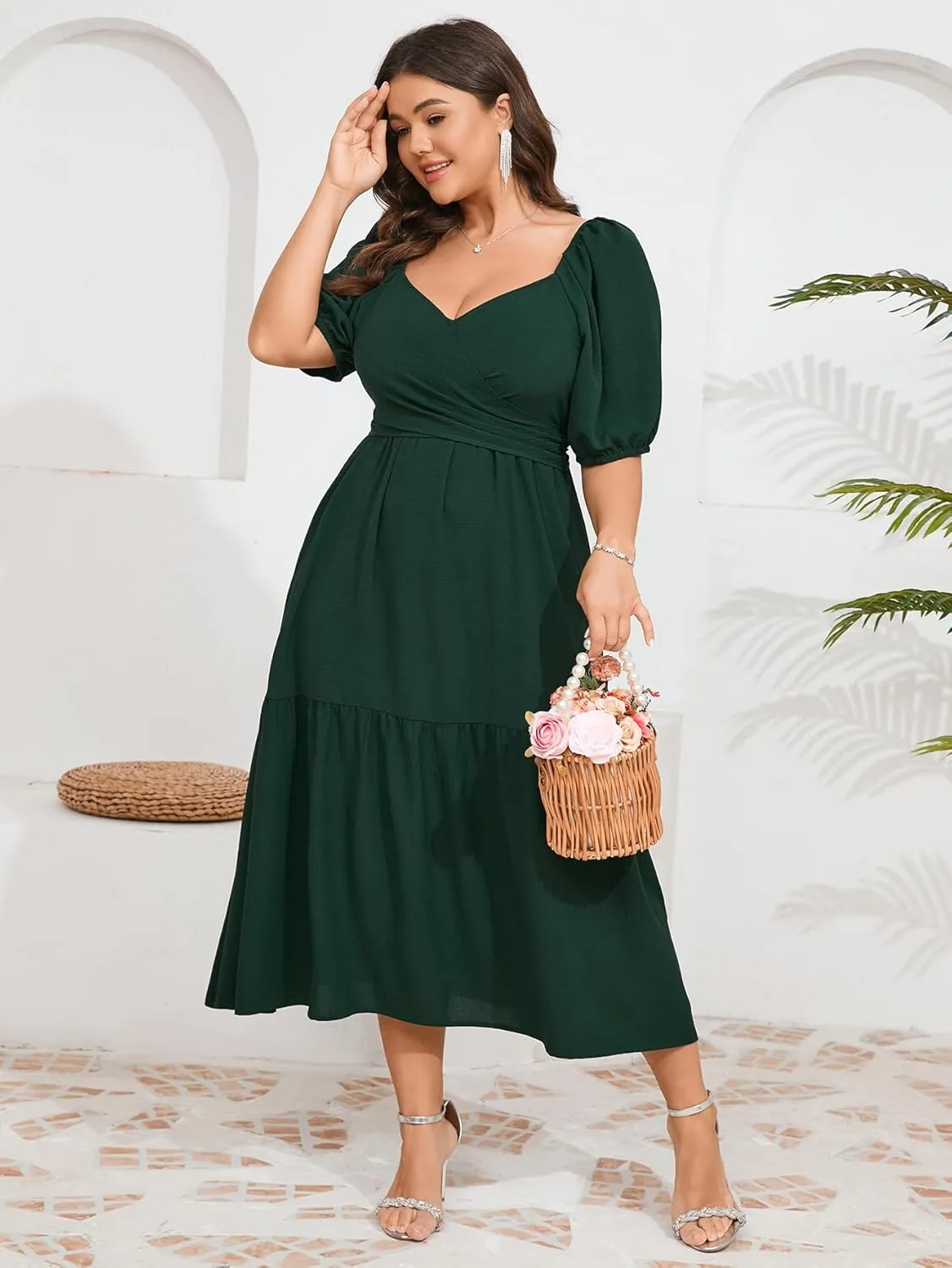 Plus Size Wedding Guest Dress Wrap V Neck Short Sleeve Elastic Waist Flowy A Line Cocktail Formal Maxi Dresses