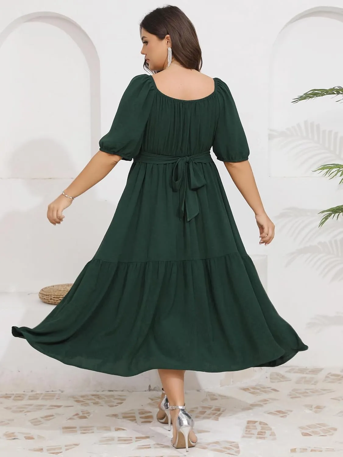 Plus Size Wedding Guest Dress Wrap V Neck Short Sleeve Elastic Waist Flowy A Line Cocktail Formal Maxi Dresses
