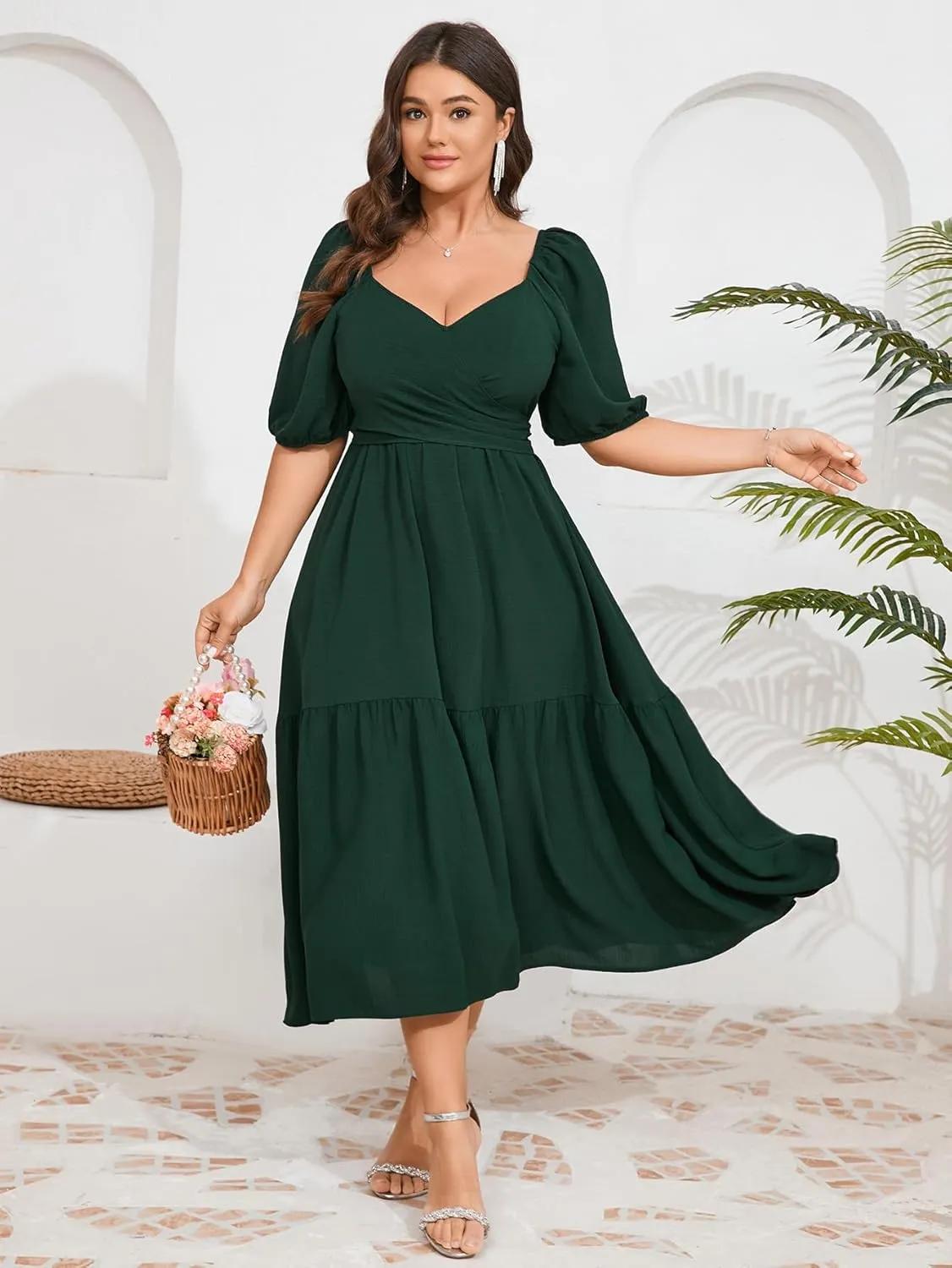 Plus Size Wedding Guest Dress Wrap V Neck Short Sleeve Elastic Waist Flowy A Line Cocktail Formal Maxi Dresses