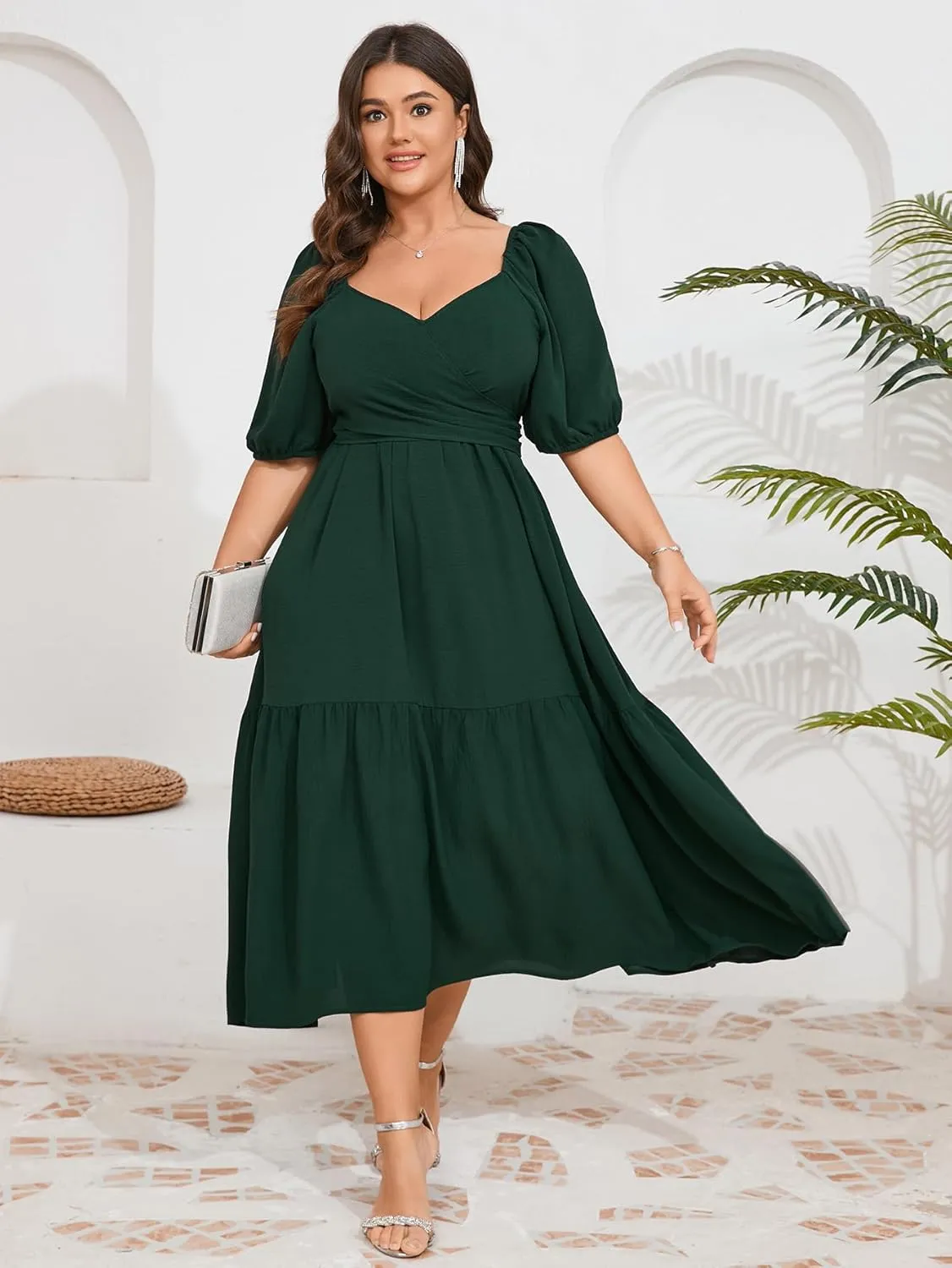 Plus Size Wedding Guest Dress Wrap V Neck Short Sleeve Elastic Waist Flowy A Line Cocktail Formal Maxi Dresses