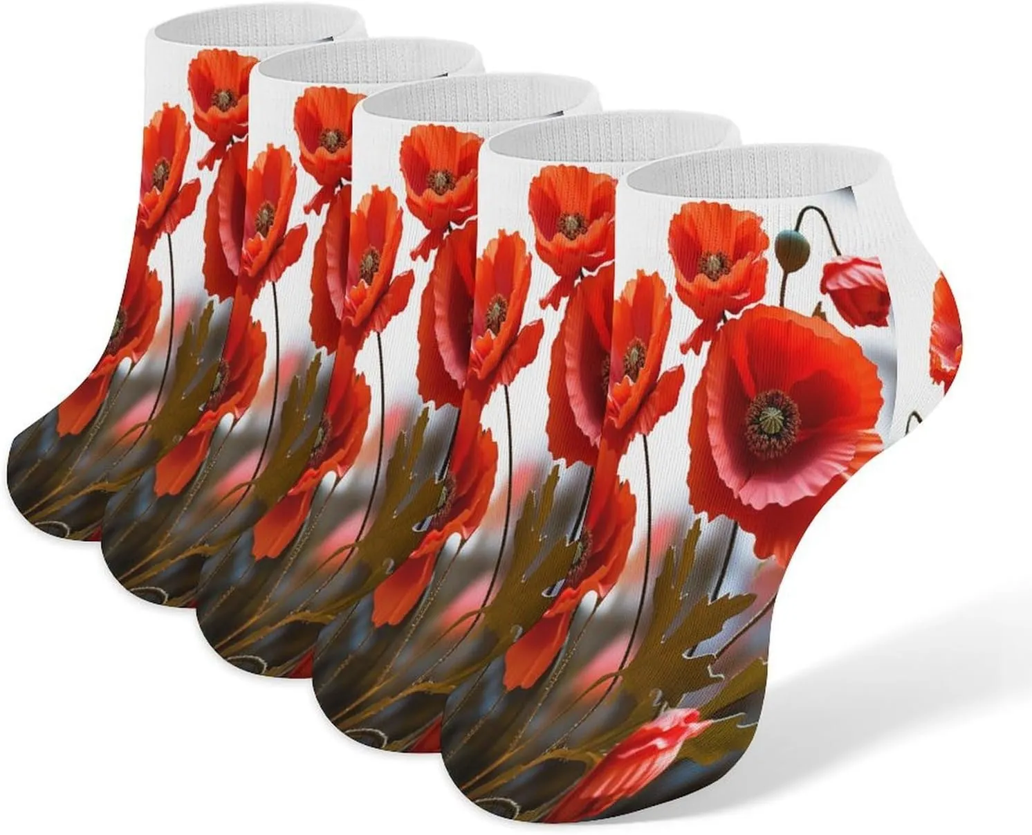Poppy Flowers Vivid Petals Casual Socks Soft Moisture-Wicking Socks Low Cut Invisible Liner Ankle Sock (5 Pairs)