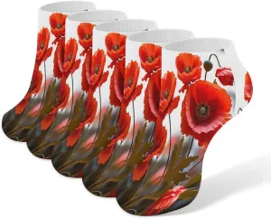 Poppy Flowers Vivid Petals Casual Socks Soft Moisture-Wicking Socks Low Cut Invisible Liner Ankle Sock (5 Pairs)