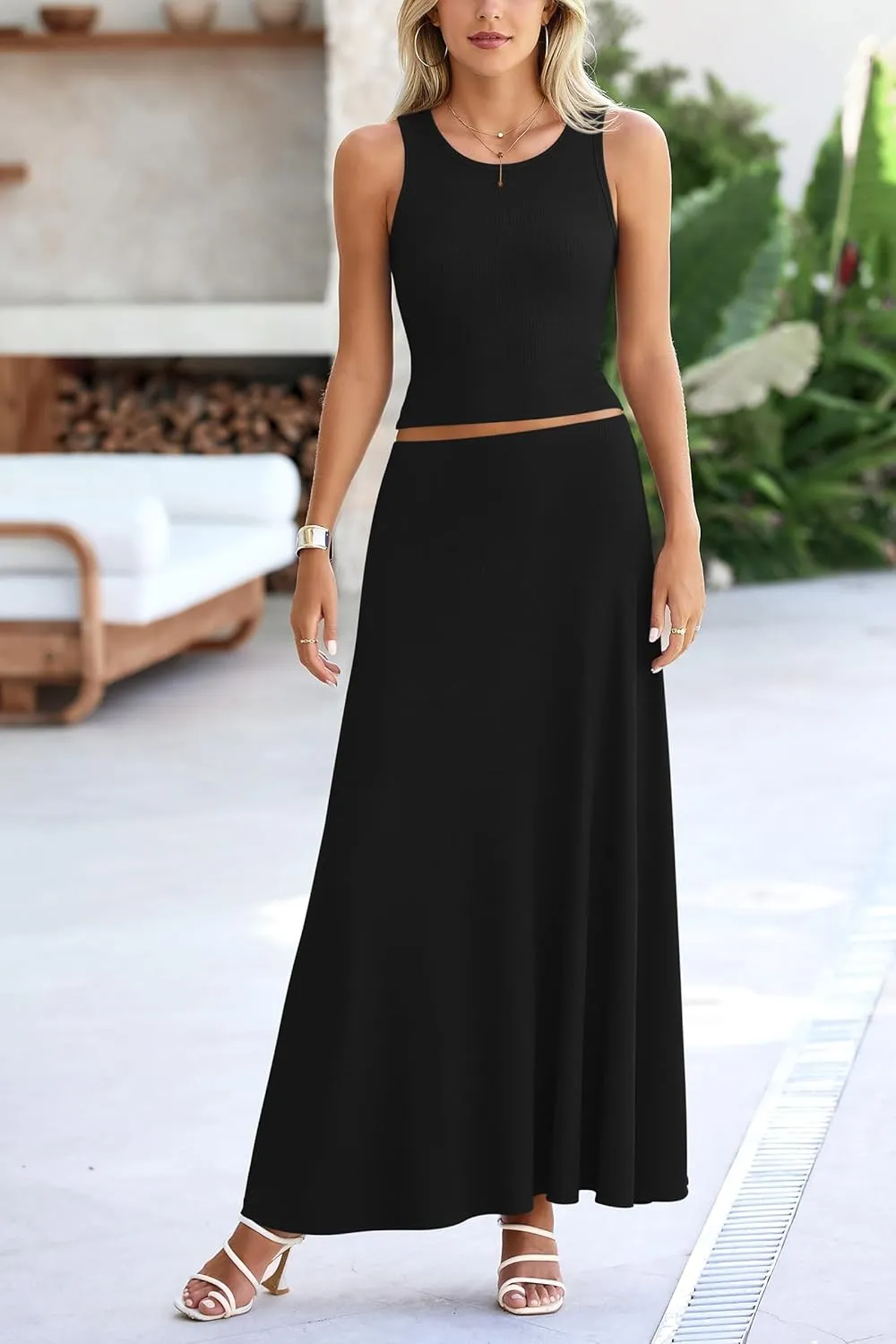 PRETTYGARDEN Women's 2 Piece Maxi Skirt Sets Casual Summer Knit Cropped Tank Top High Waisted Long Skirts Outfit