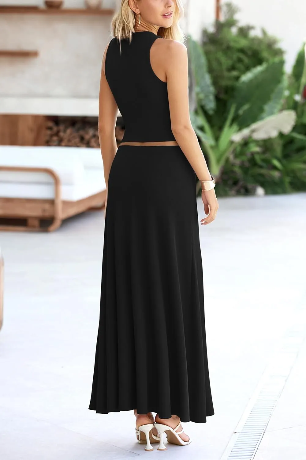 PRETTYGARDEN Women's 2 Piece Maxi Skirt Sets Casual Summer Knit Cropped Tank Top High Waisted Long Skirts Outfit