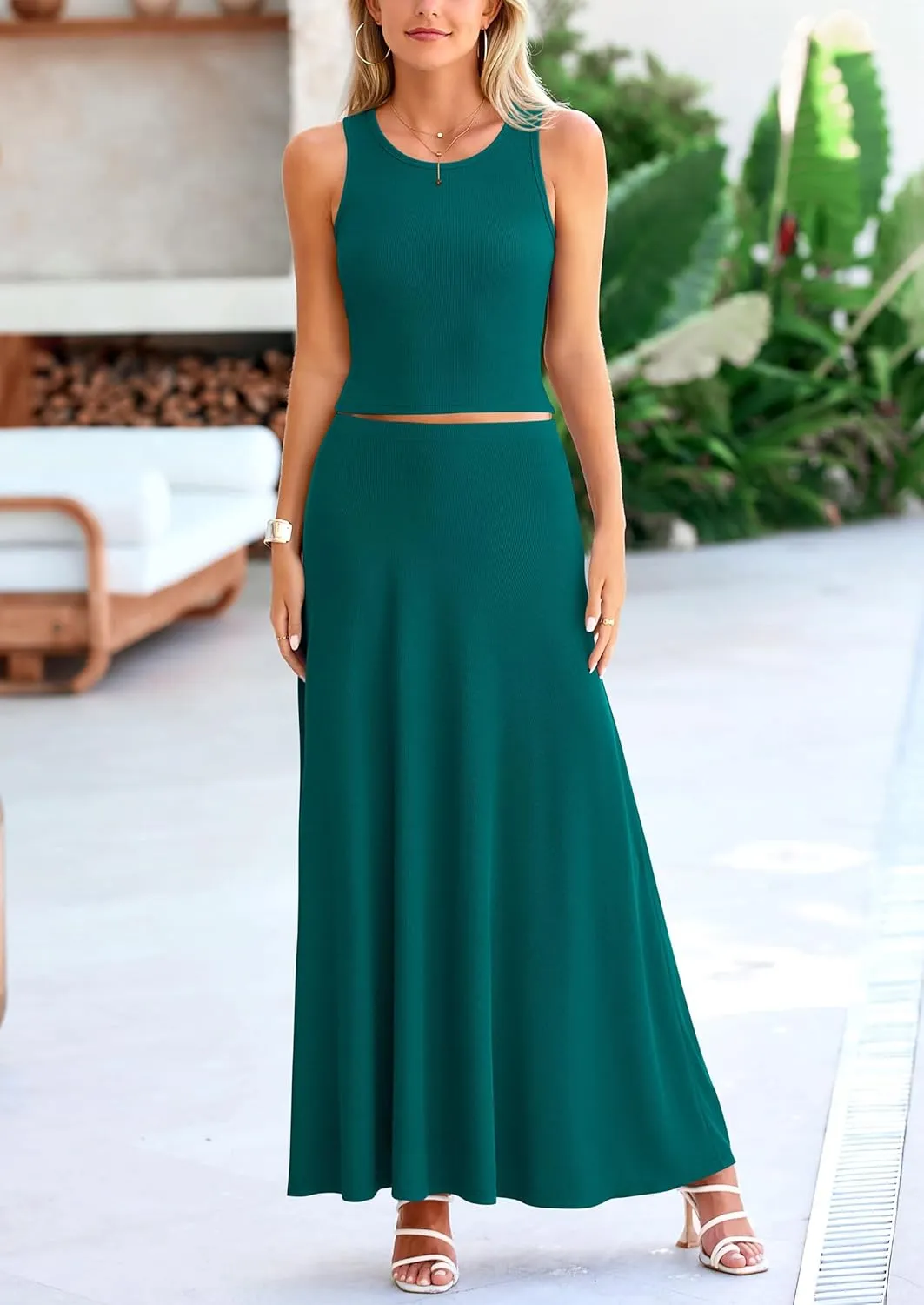 PRETTYGARDEN Women's 2 Piece Maxi Skirt Sets Casual Summer Knit Cropped Tank Top High Waisted Long Skirts Outfit