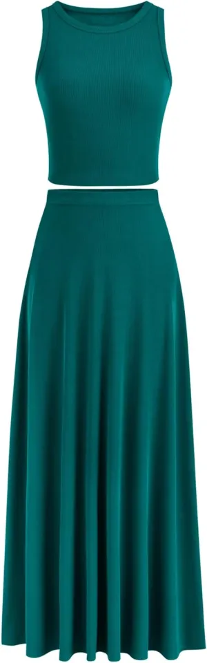 PRETTYGARDEN Women's 2 Piece Maxi Skirt Sets Casual Summer Knit Cropped Tank Top High Waisted Long Skirts Outfit