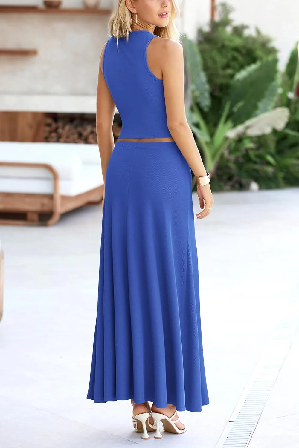 PRETTYGARDEN Women's 2 Piece Maxi Skirt Sets Casual Summer Knit Cropped Tank Top High Waisted Long Skirts Outfit