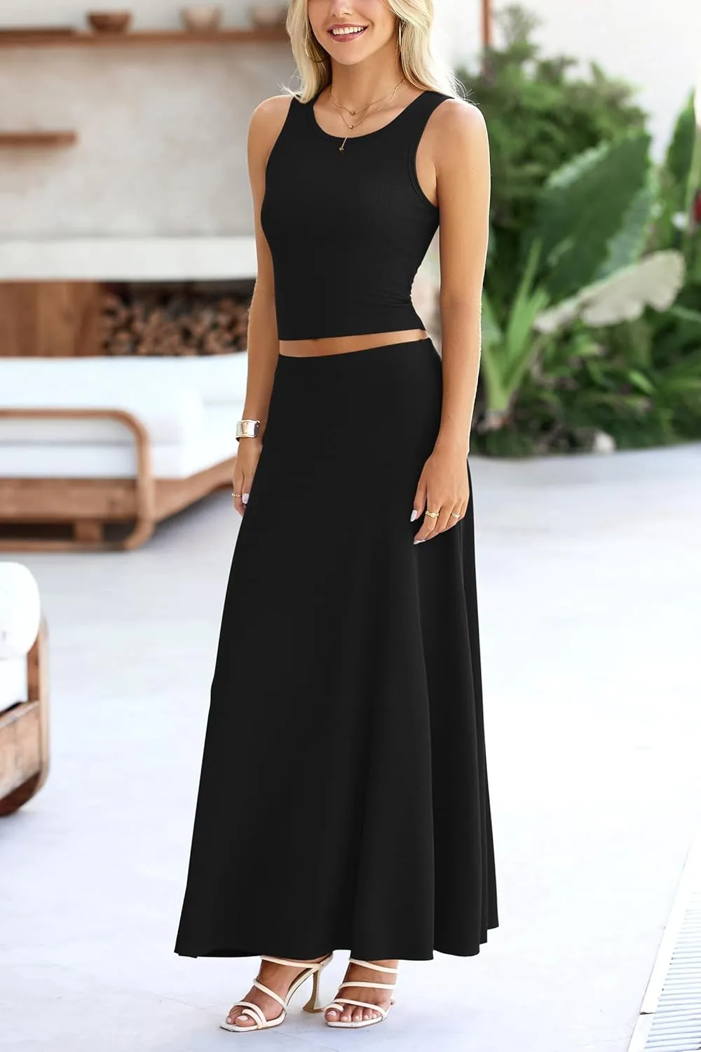 PRETTYGARDEN Women's 2 Piece Maxi Skirt Sets Casual Summer Knit Cropped Tank Top High Waisted Long Skirts Outfit