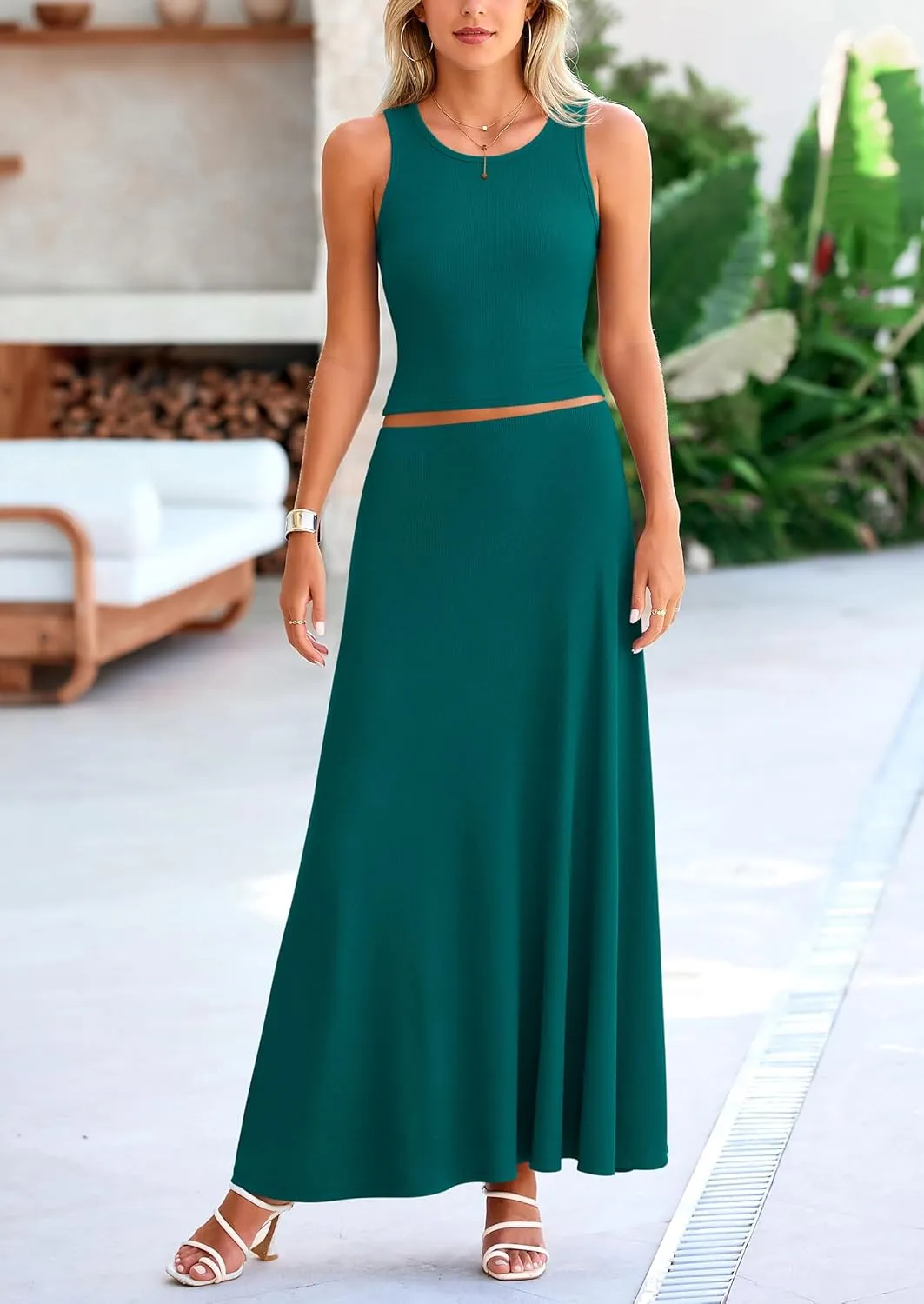 PRETTYGARDEN Women's 2 Piece Maxi Skirt Sets Casual Summer Knit Cropped Tank Top High Waisted Long Skirts Outfit