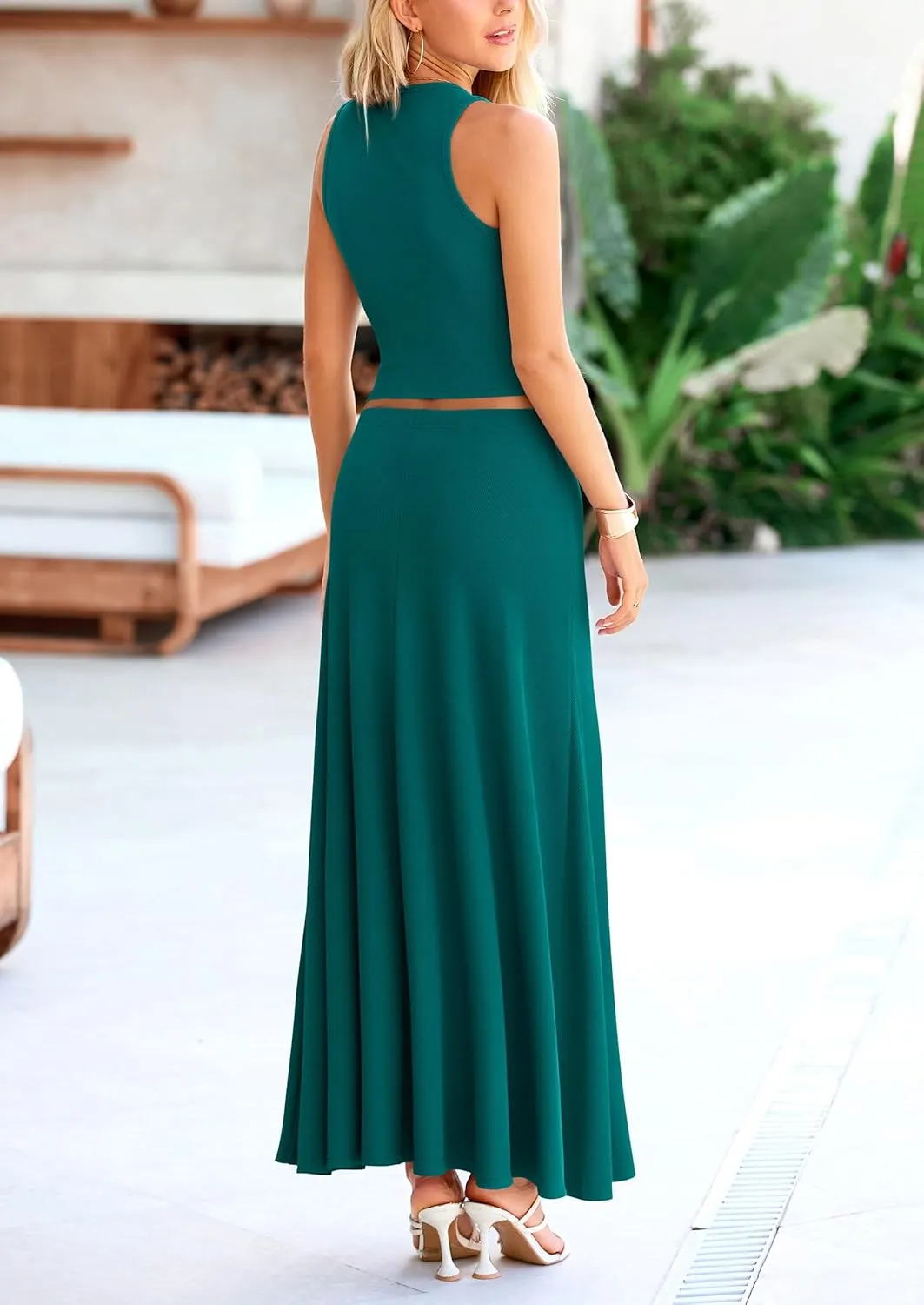 PRETTYGARDEN Women's 2 Piece Maxi Skirt Sets Casual Summer Knit Cropped Tank Top High Waisted Long Skirts Outfit