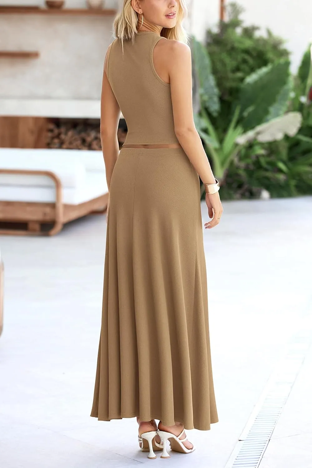 PRETTYGARDEN Women's 2 Piece Maxi Skirt Sets Casual Summer Knit Cropped Tank Top High Waisted Long Skirts Outfit