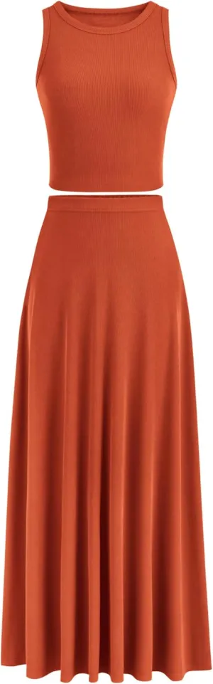 PRETTYGARDEN Women's 2 Piece Maxi Skirt Sets Casual Summer Knit Cropped Tank Top High Waisted Long Skirts Outfit