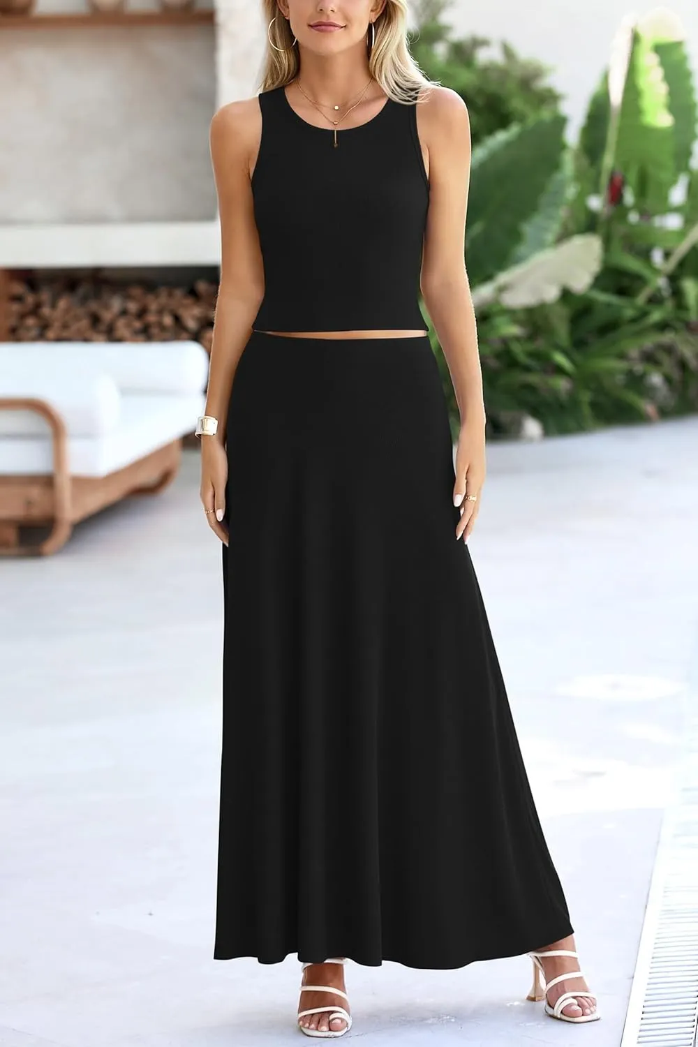PRETTYGARDEN Women's 2 Piece Maxi Skirt Sets Casual Summer Knit Cropped Tank Top High Waisted Long Skirts Outfit