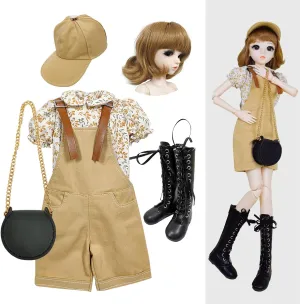 Proudoll 1/3 BJD Doll Clothes Outfit Set - Handcrafted Stylish Floral Blouse, Overalls, Cap, Wig, Cross-Body Bag and Boots, Compatible with 1/3 60cm 24in SD Dolls