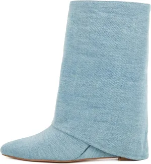 Putu Women's Fold Over Boots Mid Calf Wedge Boots Fashion Slouchy Boots