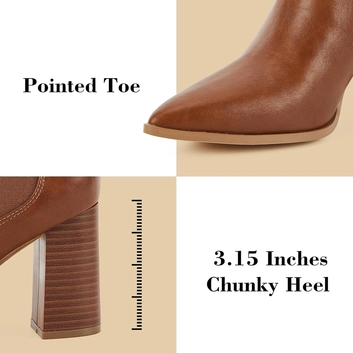 Putu Women's Pointed Toe Ankle Boots Chunky Heel Chelsea Boots Pull on Heeled Booties with Elastic Gore