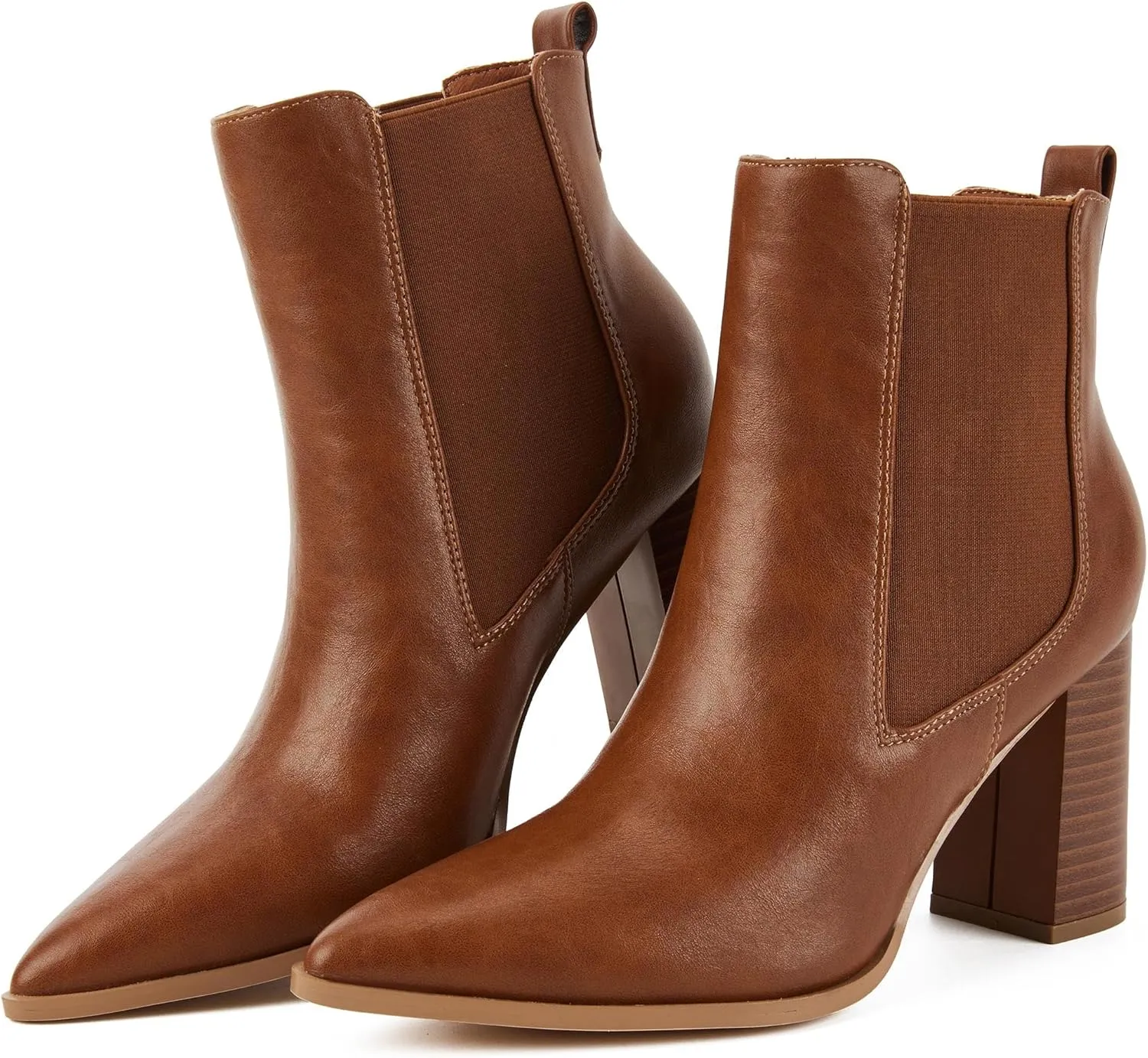 Putu Women's Pointed Toe Ankle Boots Chunky Heel Chelsea Boots Pull on Heeled Booties with Elastic Gore