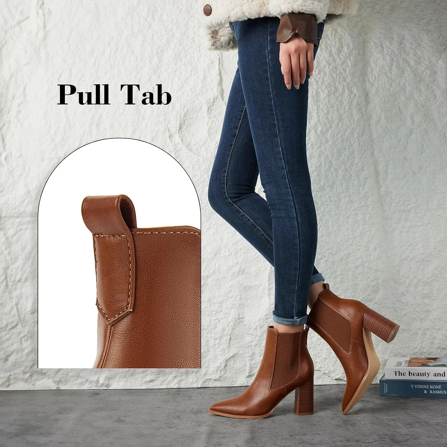 Putu Women's Pointed Toe Ankle Boots Chunky Heel Chelsea Boots Pull on Heeled Booties with Elastic Gore