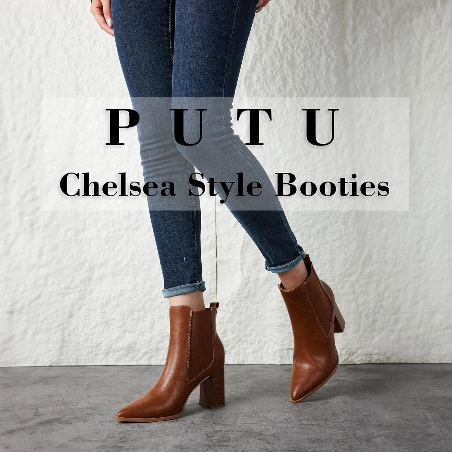 Putu Women's Pointed Toe Ankle Boots Chunky Heel Chelsea Boots Pull on Heeled Booties with Elastic Gore