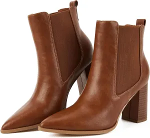 Putu Women's Pointed Toe Ankle Boots Chunky Heel Chelsea Boots Pull on Heeled Booties with Elastic Gore