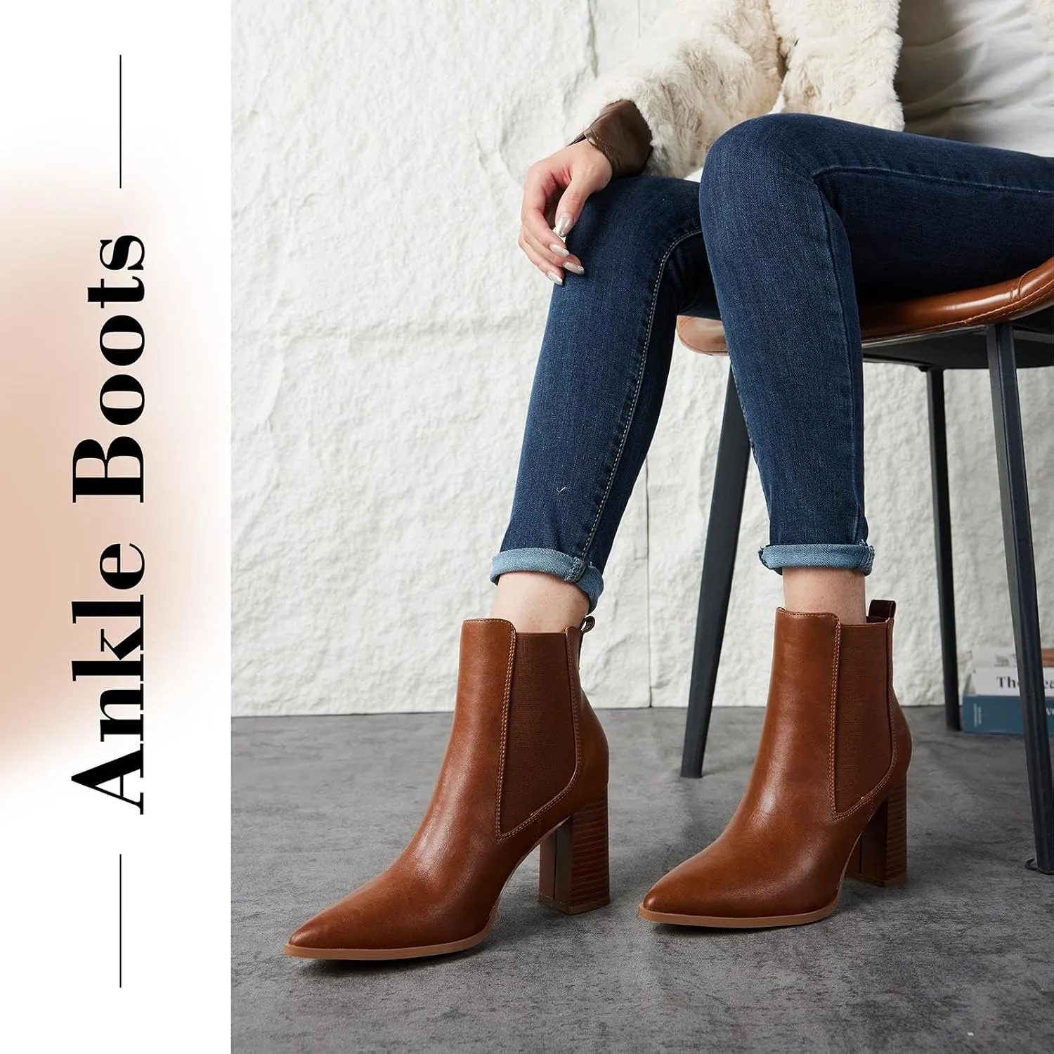 Putu Women's Pointed Toe Ankle Boots Chunky Heel Chelsea Boots Pull on Heeled Booties with Elastic Gore