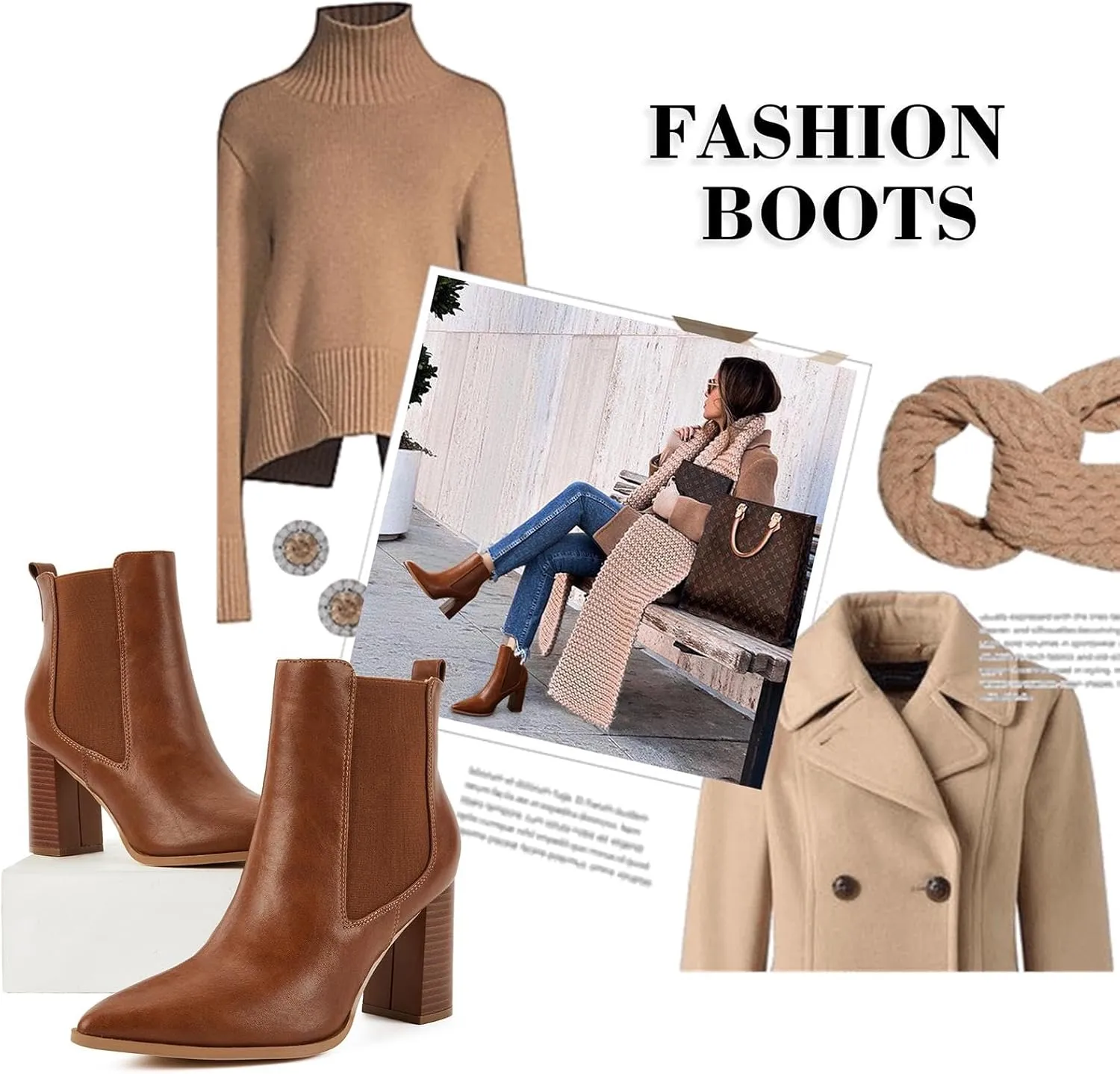 Putu Women's Pointed Toe Ankle Boots Chunky Heel Chelsea Boots Pull on Heeled Booties with Elastic Gore