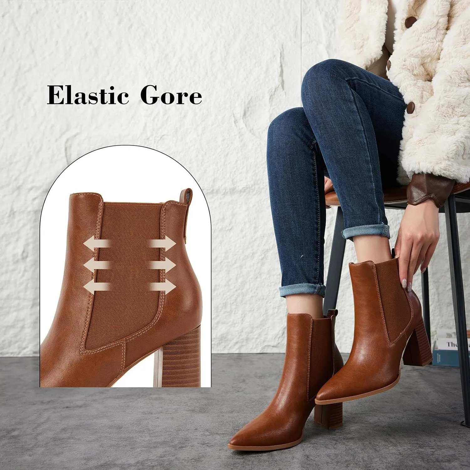 Putu Women's Pointed Toe Ankle Boots Chunky Heel Chelsea Boots Pull on Heeled Booties with Elastic Gore