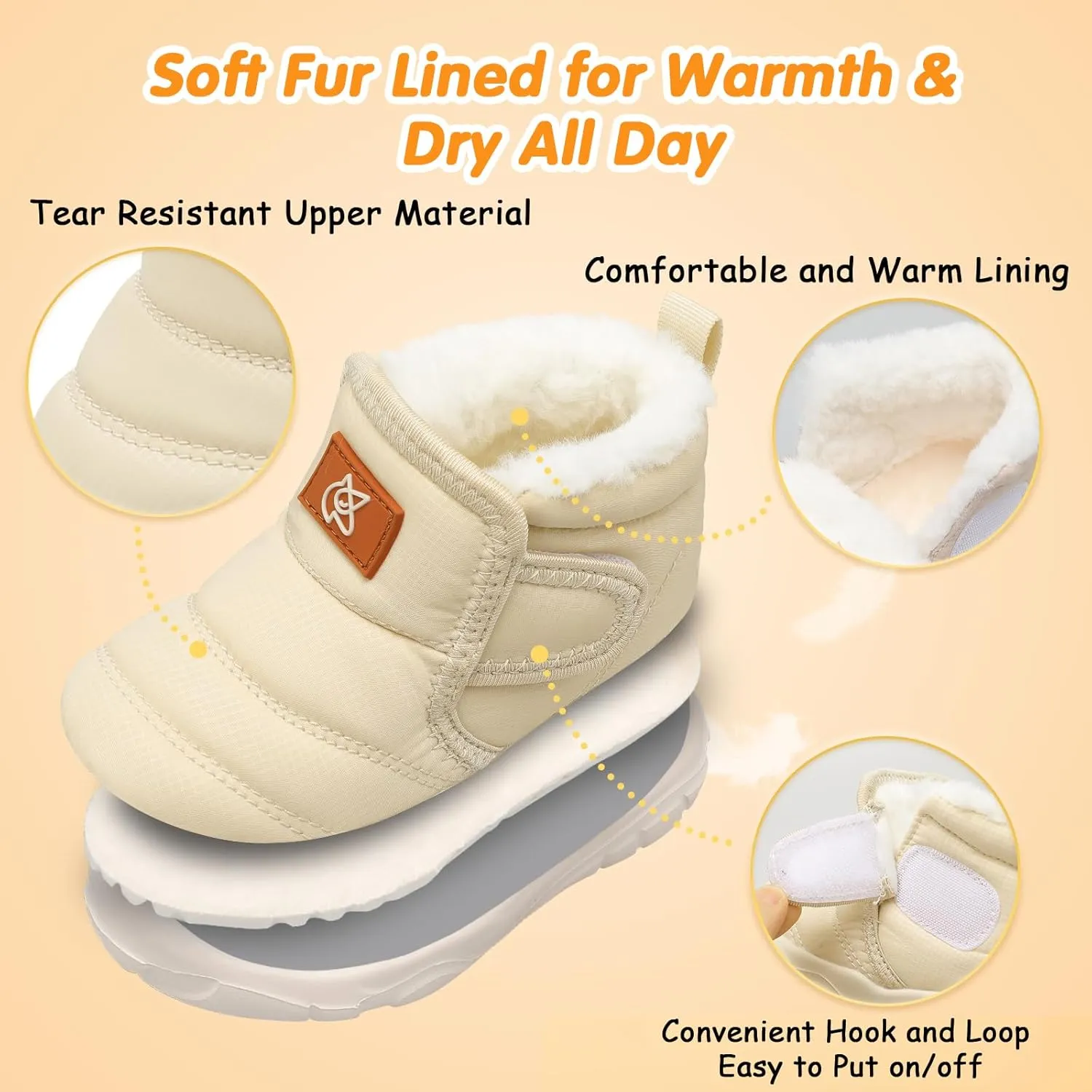 QFH Baby Boys Girls Winter Warm Shoes Cozy Fleece Snow Boots Toddler Non-Slip Walking Shoes Infant Outdoor Water Resistance Faux Fur Booties