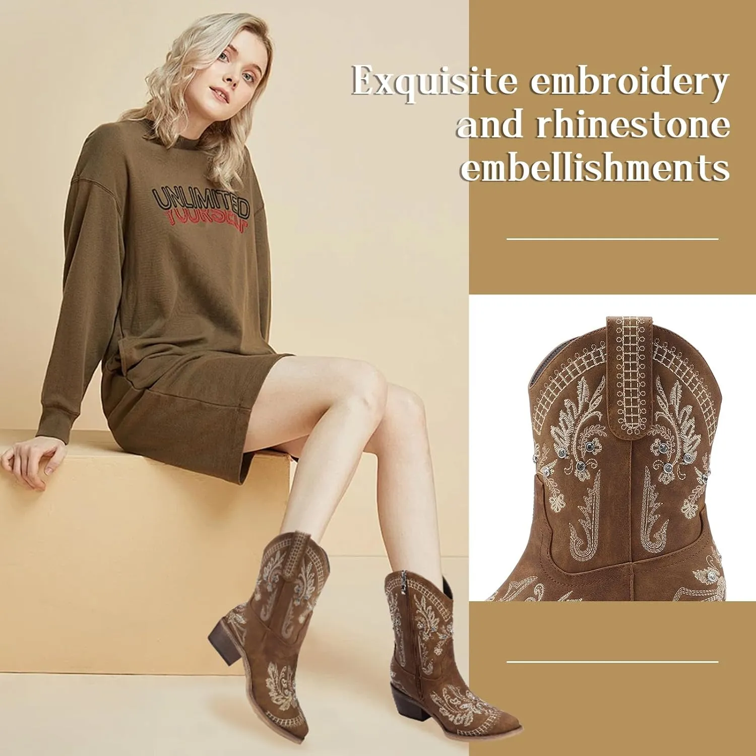 Rhinestone Ankle Cowboy Boots for Women Embroidered Short Cowgirl Boots With Low Heel Side Zipper Comfortable Chunky Heels Western Booties For Prom Party Wedding Pull On Shoes