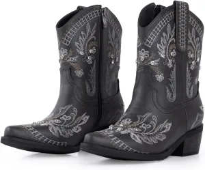 Rhinestone Ankle Cowboy Boots for Women Embroidered Short Cowgirl Boots With Low Heel Side Zipper Comfortable Chunky Heels Western Booties For Prom Party Wedding Pull On Shoes
