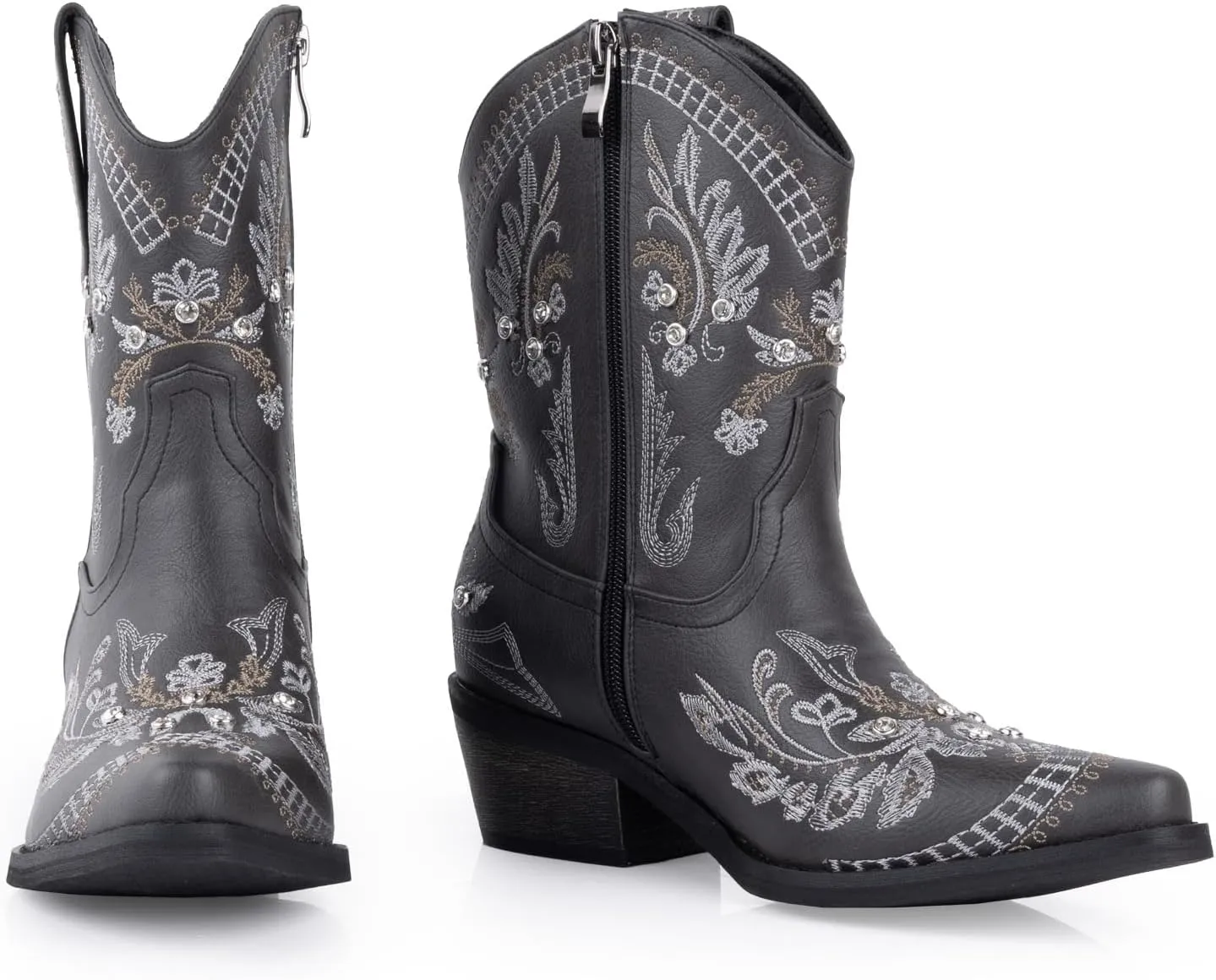 Rhinestone Ankle Cowboy Boots for Women Embroidered Short Cowgirl Boots With Low Heel Side Zipper Comfortable Chunky Heels Western Booties For Prom Party Wedding Pull On Shoes
