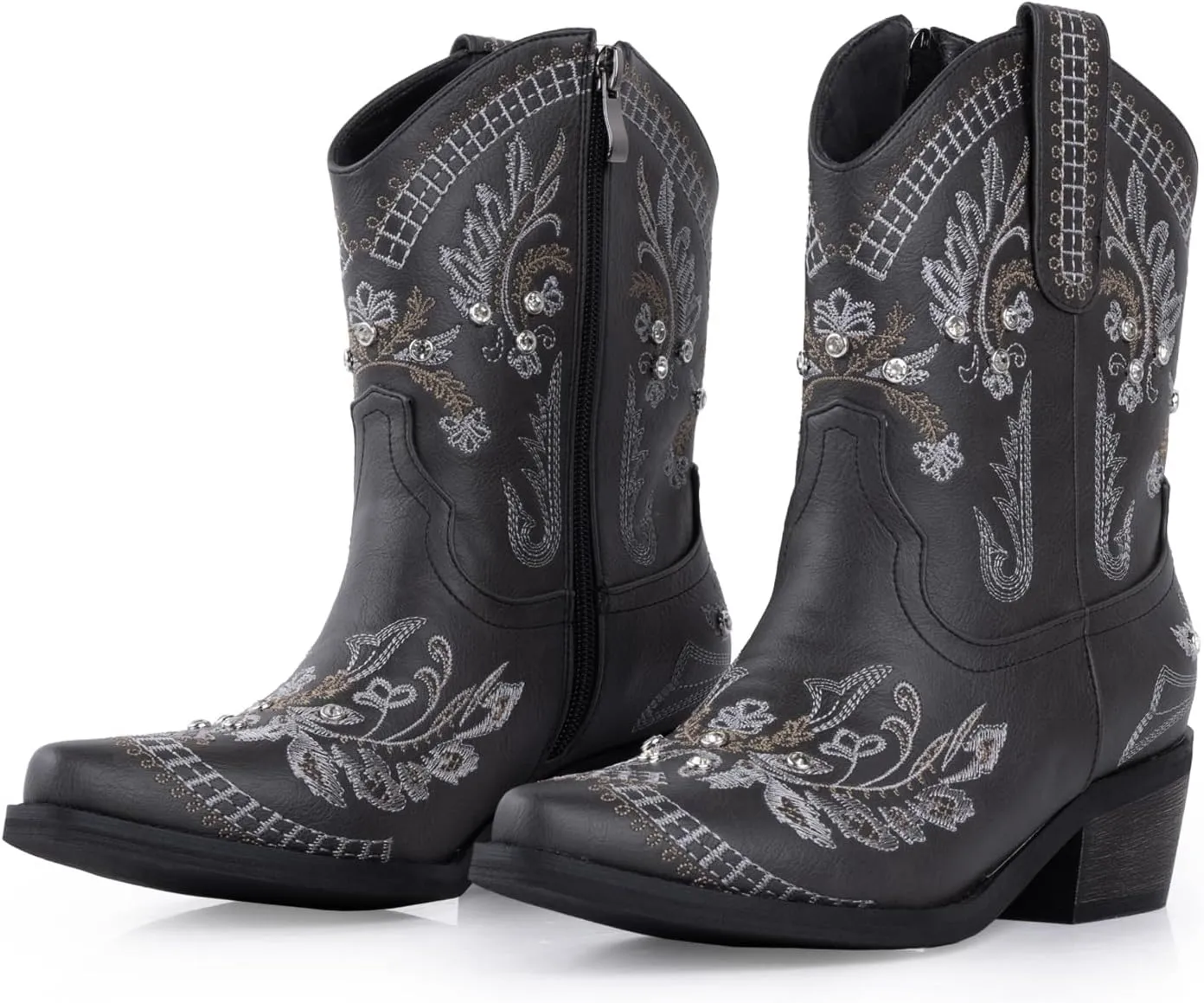 Rhinestone Ankle Cowboy Boots for Women Embroidered Short Cowgirl Boots With Low Heel Side Zipper Comfortable Chunky Heels Western Booties For Prom Party Wedding Pull On Shoes