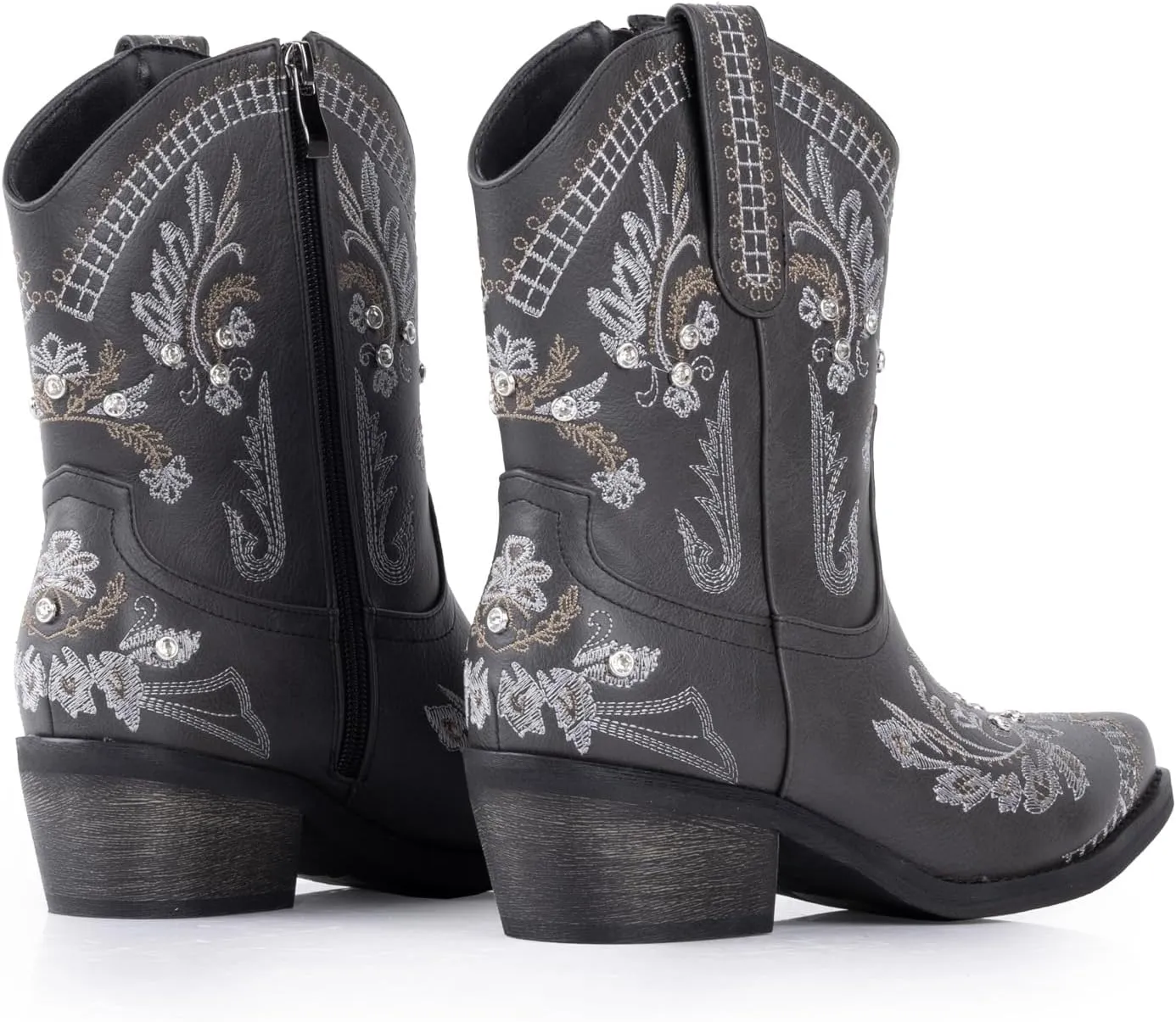 Rhinestone Ankle Cowboy Boots for Women Embroidered Short Cowgirl Boots With Low Heel Side Zipper Comfortable Chunky Heels Western Booties For Prom Party Wedding Pull On Shoes