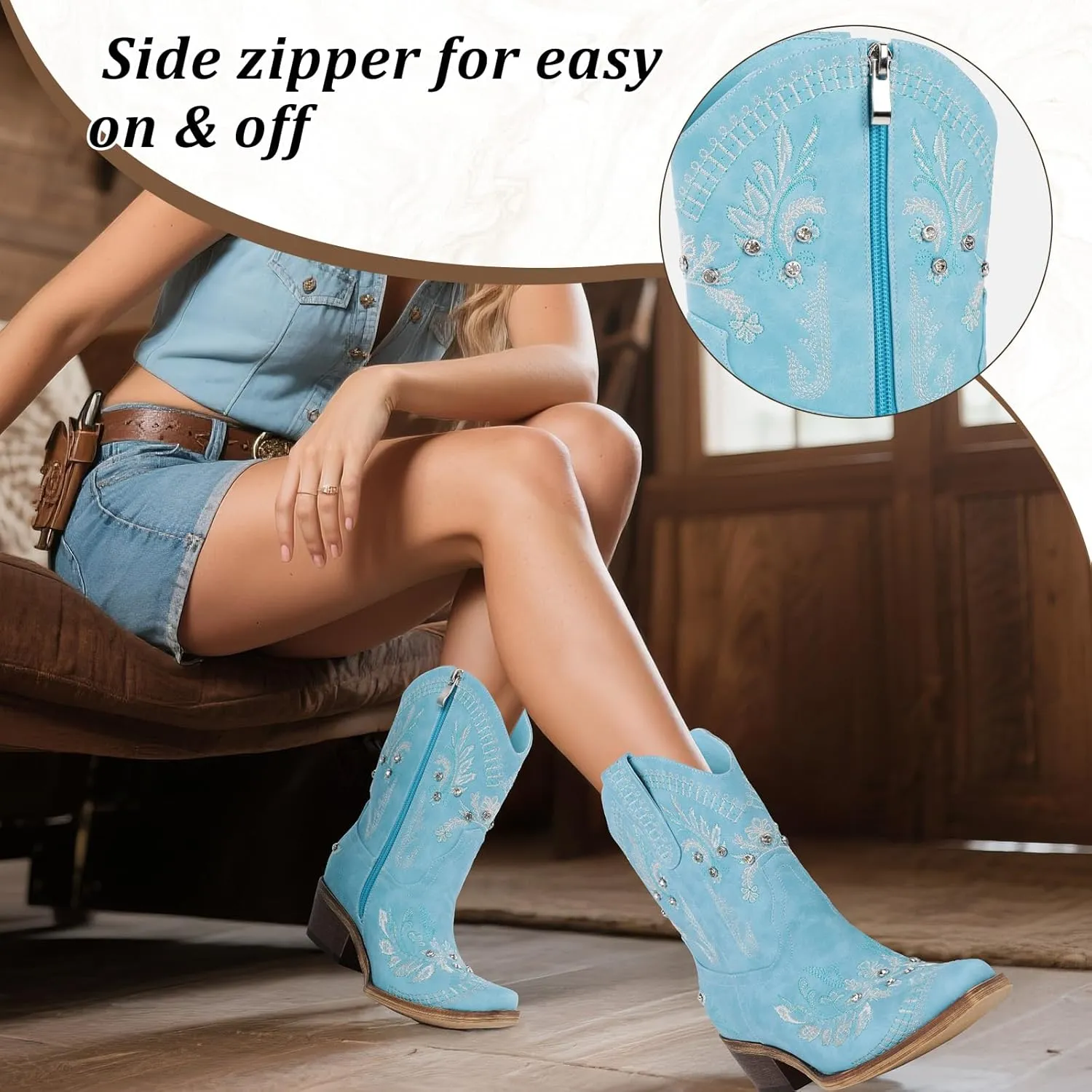 Rhinestone Ankle Cowboy Boots for Women Embroidered Short Cowgirl Boots With Low Heel Side Zipper Comfortable Chunky Heels Western Booties For Prom Party Wedding Pull On Shoes
