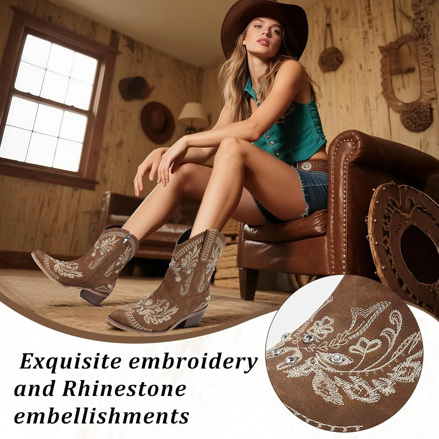 Rhinestone Ankle Cowboy Boots for Women Embroidered Short Cowgirl Boots With Low Heel Side Zipper Comfortable Chunky Heels Western Booties For Prom Party Wedding Pull On Shoes