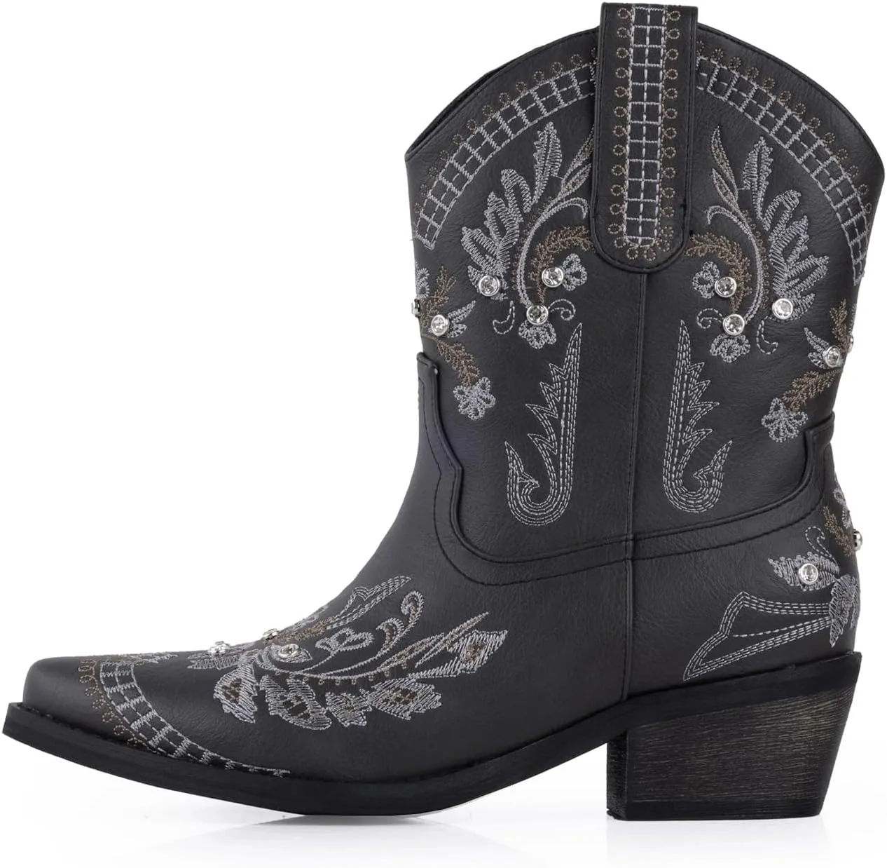 Rhinestone Ankle Cowboy Boots for Women Embroidered Short Cowgirl Boots With Low Heel Side Zipper Comfortable Chunky Heels Western Booties For Prom Party Wedding Pull On Shoes