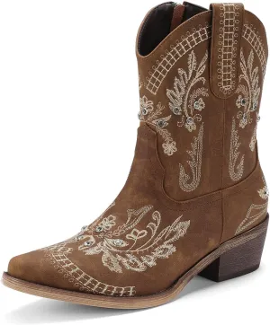 Rhinestone Ankle Cowboy Boots for Women Embroidered Short Cowgirl Boots With Low Heel Side Zipper Comfortable Chunky Heels Western Booties For Prom Party Wedding Pull On Shoes