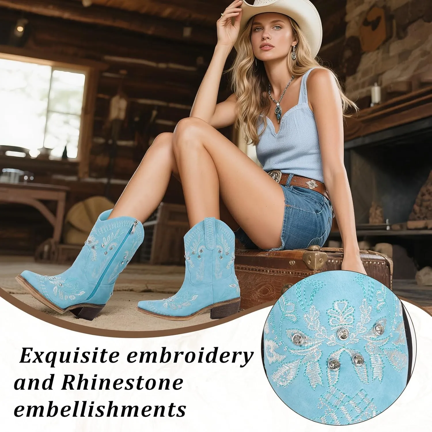 Rhinestone Ankle Cowboy Boots for Women Embroidered Short Cowgirl Boots With Low Heel Side Zipper Comfortable Chunky Heels Western Booties For Prom Party Wedding Pull On Shoes