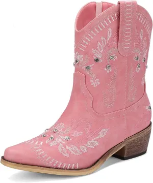 Rhinestone Ankle Cowboy Boots for Women Embroidered Short Cowgirl Boots With Low Heel Side Zipper Comfortable Chunky Heels Western Booties For Prom Party Wedding Pull On Shoes