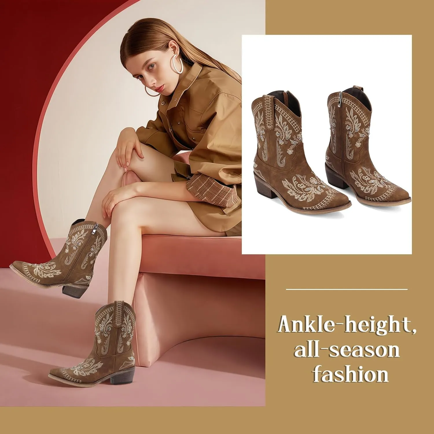 Rhinestone Ankle Cowboy Boots for Women Embroidered Short Cowgirl Boots With Low Heel Side Zipper Comfortable Chunky Heels Western Booties For Prom Party Wedding Pull On Shoes