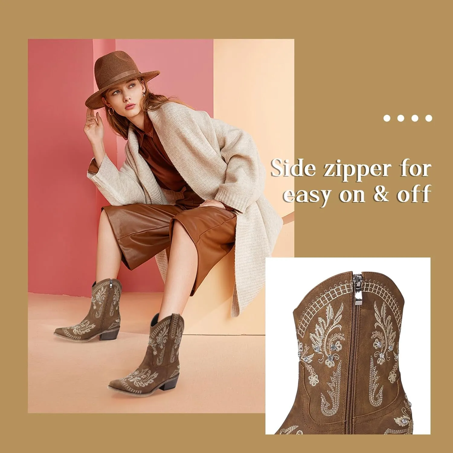 Rhinestone Ankle Cowboy Boots for Women Embroidered Short Cowgirl Boots With Low Heel Side Zipper Comfortable Chunky Heels Western Booties For Prom Party Wedding Pull On Shoes