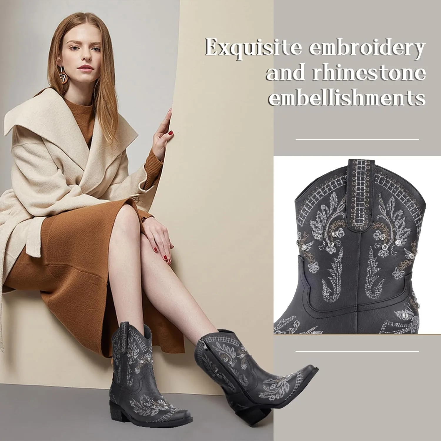 Rhinestone Ankle Cowboy Boots for Women Embroidered Short Cowgirl Boots With Low Heel Side Zipper Comfortable Chunky Heels Western Booties For Prom Party Wedding Pull On Shoes