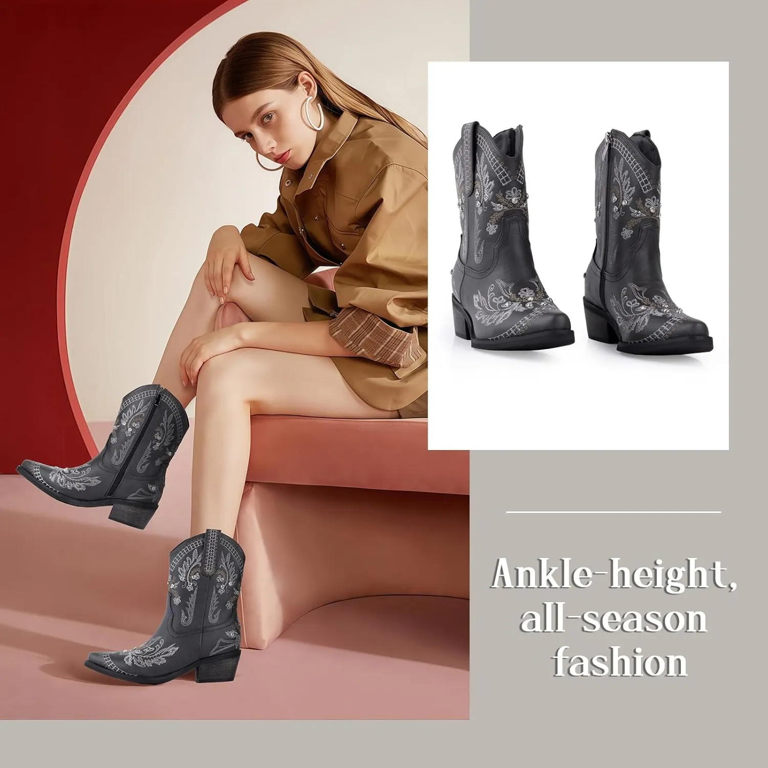 Rhinestone Ankle Cowboy Boots for Women Embroidered Short Cowgirl Boots With Low Heel Side Zipper Comfortable Chunky Heels Western Booties For Prom Party Wedding Pull On Shoes