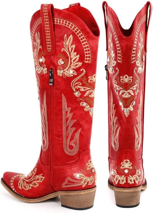 Richealnana Women's Cowgirl Round Roe Short Boots Embroidered Boots Chunky Heels