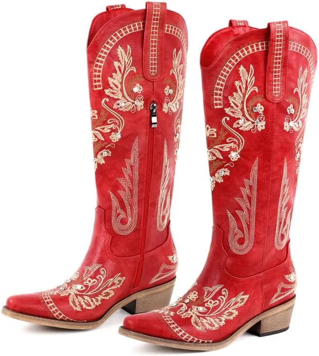 Richealnana Women's Cowgirl Round Roe Short Boots Embroidered Boots Chunky Heels