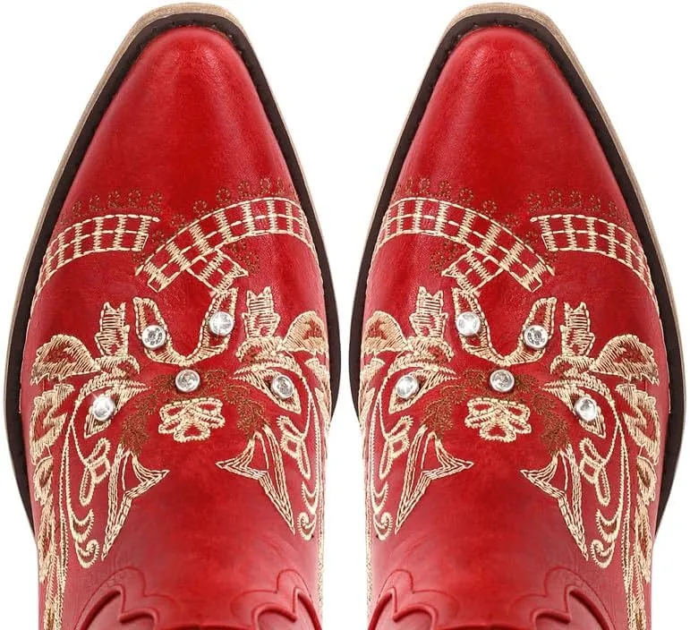 Richealnana Women's Cowgirl Round Roe Short Boots Embroidered Boots Chunky Heels