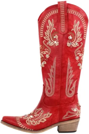 Richealnana Women's Cowgirl Round Roe Short Boots Embroidered Boots Chunky Heels