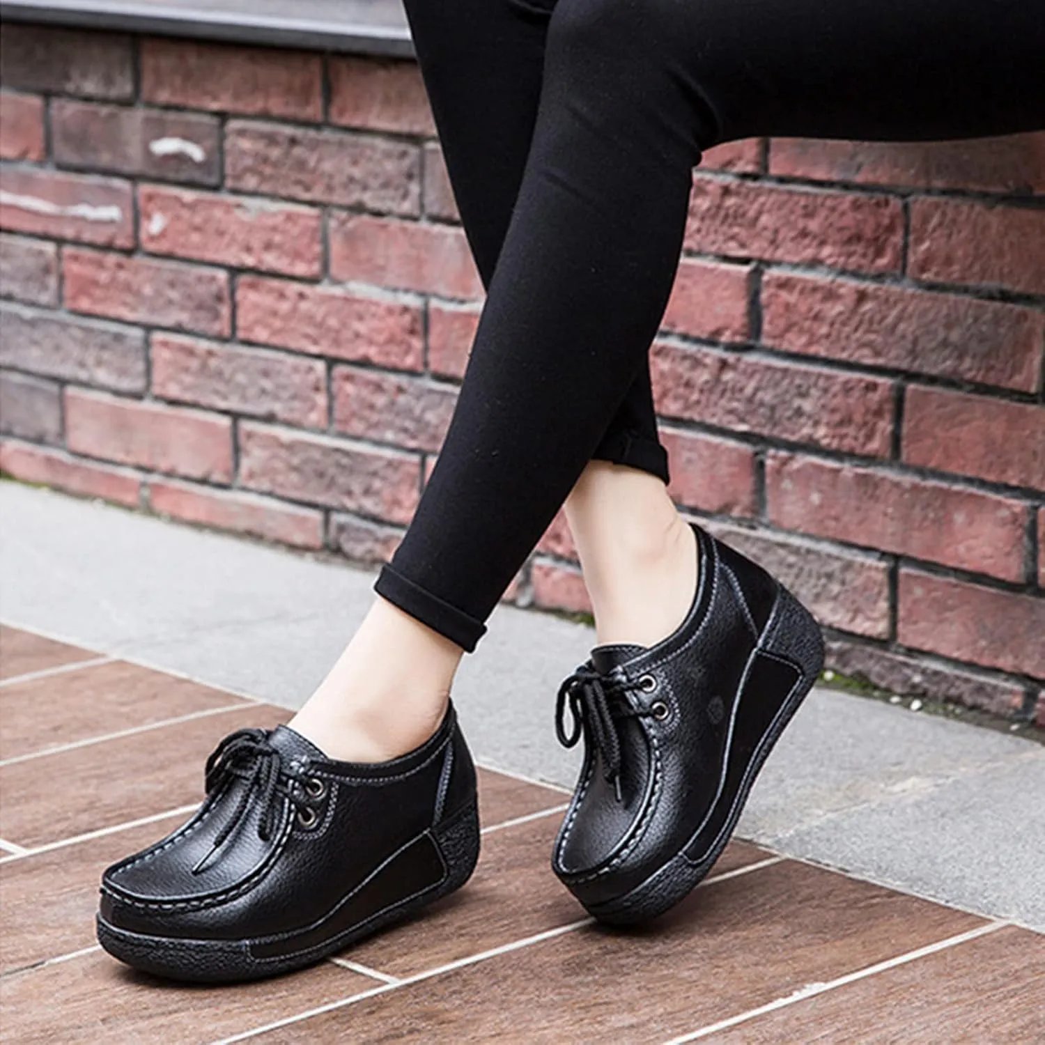 rismart Women's Lace-up Fashion Sneakers Leather Platform Casual Walking Shoes