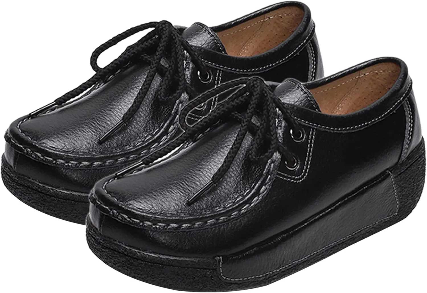 rismart Women's Lace-up Fashion Sneakers Leather Platform Casual Walking Shoes