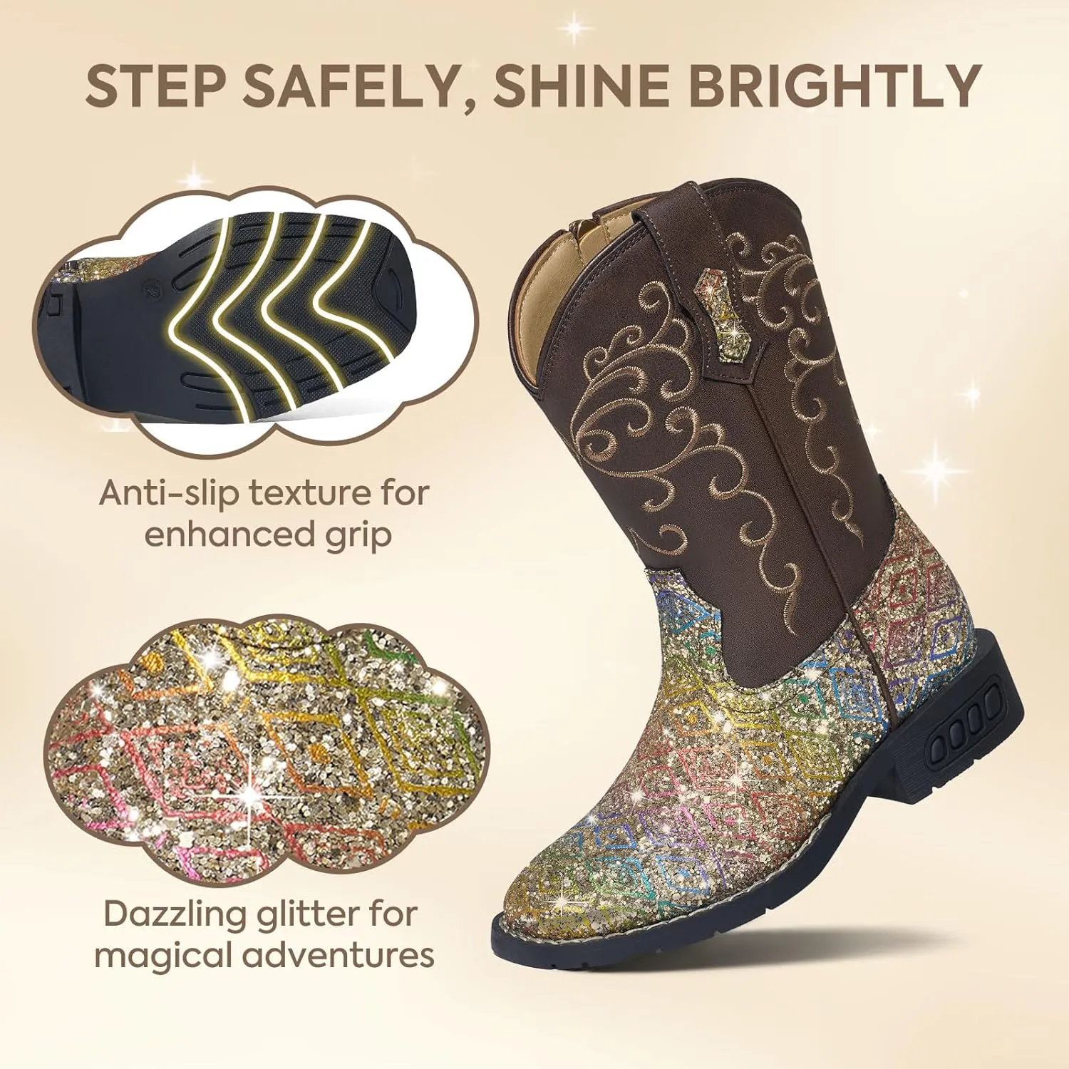 Rollda Girls Cowboy Boots Glitter Western Boots Sequin Cowgirl Boots for Girls